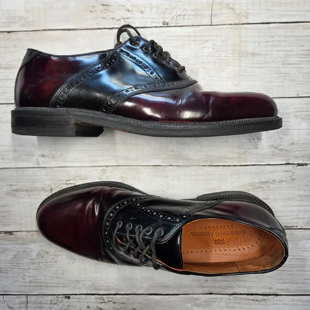 Johnston & Murphy Passport Saddle Oxford Mens 10M Black Burgundy Leather Italy